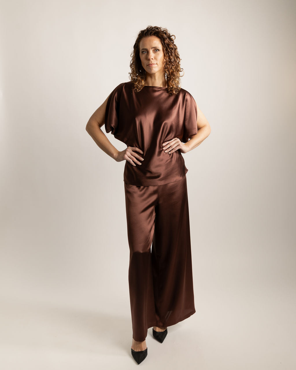 Silki buxur-Vionnet-brúnar víðar buxur-Maley
